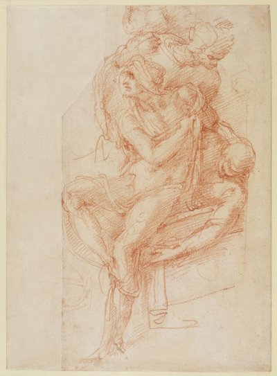 Tutkimus Lasaruksesta ja kahdesta avustajahahmosta (punainen liitu paperille) tekijältä Michelangelo Buonarroti