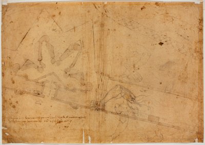 Toisella kädellä tehty hahmon tutkimus ja käsin kirjoitettu merkintä. tekijältä Michelangelo Buonarroti