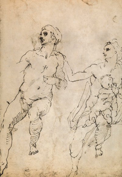 Joidenkin alastonhahmojen tutkiminen; piirustus Michelangelo. Louvre, Pariisi tekijältä Michelangelo Buonarroti