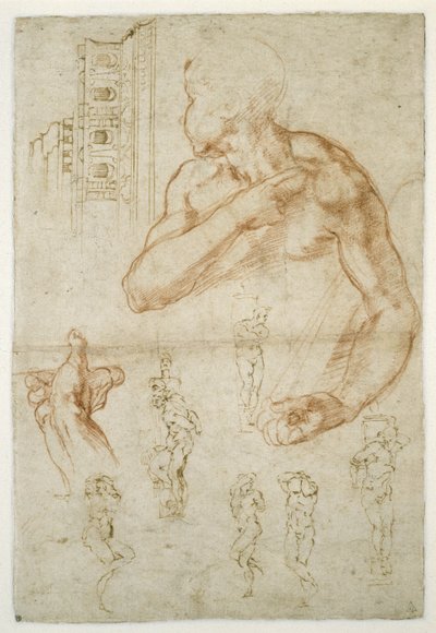 Tutkimus Libyan Sibylin avustavasta hahmosta, n. 1512 (punainen liitu ja kynä paperilla) tekijältä Michelangelo Buonarroti