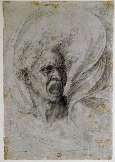 Huutavan miehen pään tutkiminen. Michelangelo Buonarrotin piirros, joka tunnetaan nimellä Michel Ange tai Michelangelo tai Michelangelo (1475-1564). Firenze, Uffizi-museo (Firenze, Uffizin grafiikka- ja piirustusosasto). tekijältä Michelangelo Buonarroti