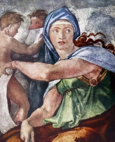 Michelangelon (1475-1564) Delfin Sibylli (yksityiskohta Sikstuksen kappelista, Vatikaani, Rooma) 1509. tekijältä Michelangelo Buonarroti