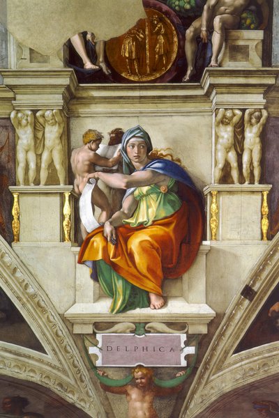 Delphic Sibyl Sikstuksen kappelin katto Vatikaanissa, 1508-1512 tekijältä Michelangelo Buonarroti