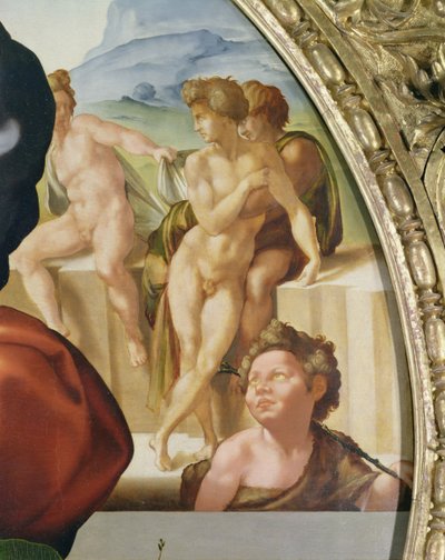 Pyhä perhe Pyhän Johanneksen kanssa (Doni Tondo), joka näyttää alastomia taustalla tekijältä Michelangelo Buonarroti
