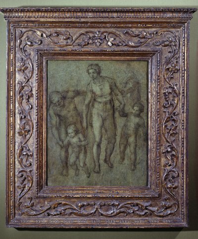 Pyhä perhe Pyhän Johannes Kastajan kanssa, n. 1540 (harja ja ruskea pesu paneelissa) tekijältä Michelangelo Buonarroti