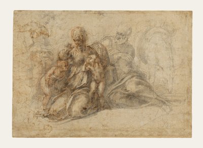 Pyhä perhe ja Johannes Kastajan lapsi (etusivu); rakastunut putti leikkimässä; linnun pää (kääntöpuoli). tekijältä Michelangelo Buonarroti