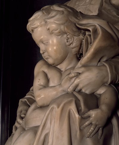 Jeesus-vauva, yksityiskohta Madonnasta ja lapsesta, Michelangelo (1475-1564), Notre Damen kirkko Bruggessa, Belgiassa tekijältä Michelangelo Buonarroti