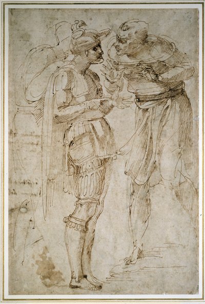 Kolme miestä keskustelussa (kynä ja ruskea muste paperille) tekijältä Michelangelo Buonarroti