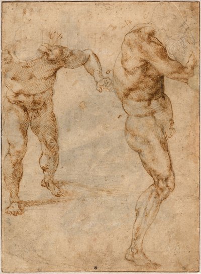 Kaksi alastontutkimusta miehestä, joka hyökkää eteenpäin ja toinen kääntyy oikealle, c. 1504 tekijältä Michelangelo Buonarroti