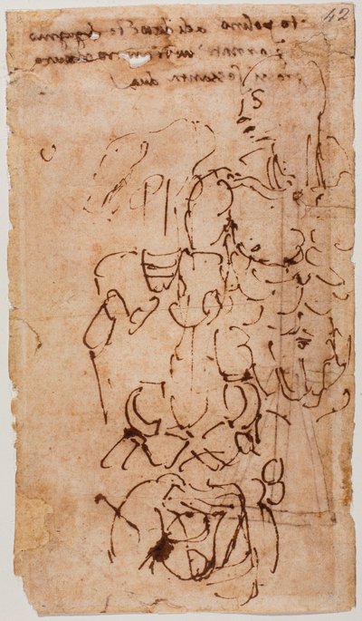Tunnistamaton luonnos ja käsinkirjoitettu merkintä tekijältä Michelangelo Buonarroti