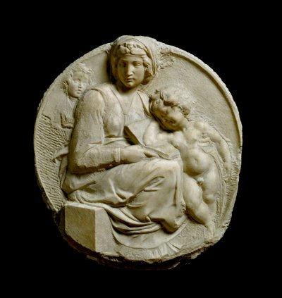 Neitsyt ja lapsi Pyhän Johannes Kastajan lapsen Madonna Pittin tai Tondo Pitin kanssa. Michelangelo Buonarrotin kohokuvioidut marmoriset sukat tekijältä Michelangelo Buonarroti