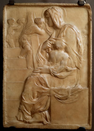 Neitsyt portailla (Madonna della Scala) Michelangelo Buonarroti dit Michel Ange (Michelangelo tai Michelangelo) matala marmorireliefi tekijältä Michelangelo Buonarroti