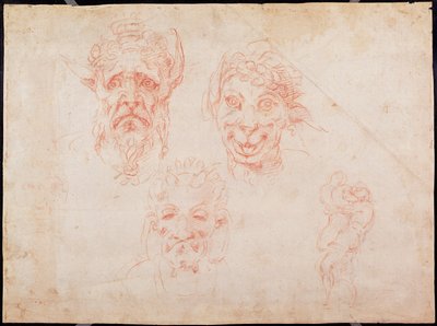W.33 Luonnokset satyyrien kasvoista (punainen liitu paperille) tekijältä Michelangelo Buonarroti