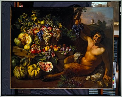 Asetelma, jossa on satiiri maisemassa (kangas) (canvas) tekijältä Michelangelo Cerquozzi