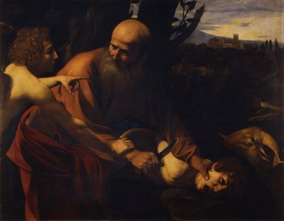 Abraham uhraa Iisakin, 1603-1604 tekijältä Michelangelo Merisi Caravaggio