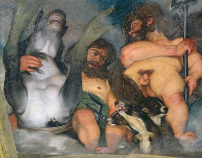 Allegoria elementeistä, maailmankaikkeudesta ja eläinradan merkeistä, yksityiskohta Neptunuksesta ja Tritonista sekä kolmipäisestä koirasta Kerberoksesta, 1597 öljy kipsille, yksityiskohta 107109:stä. tekijältä Michelangelo Merisi Caravaggio