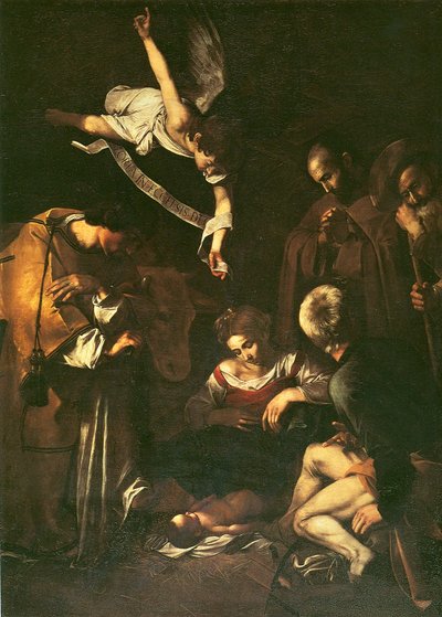 Syntymä Pyhän Franciscuksen ja Pyhän Laurentiuksen kanssa, 1609 tekijältä Michelangelo Merisi Caravaggio