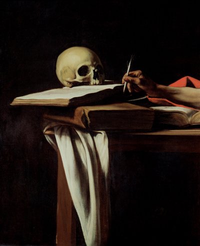 Pyhän Hieronymuksen kirjoitus, noin 1604 (yksityiskohta kuvasta 64911). tekijältä Michelangelo Merisi Caravaggio