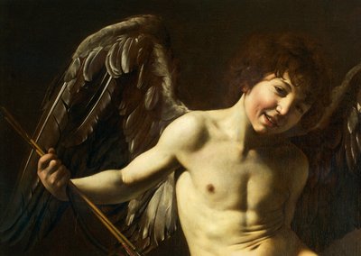 Cupid, yksityiskohta Amor Victoriousilta, n. 1602 (öljy kankaalle) tekijältä Michelangelo Merisi da Caravaggio