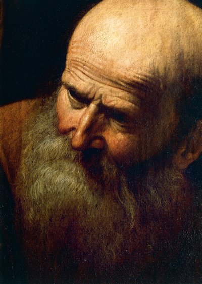 Abrahamin kasvot, yksityiskohta Iisakin uhrauksesta, n. 1603-04 (öljy kankaalle) tekijältä Michelangelo Merisi da Caravaggio