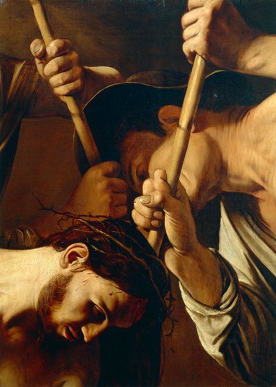 Kristuksen kasvot, orjantappurainen kruunu, n. 1603 (öljy kankaalle) (yksityiskohta 507206) tekijältä Michelangelo Merisi da Caravaggio