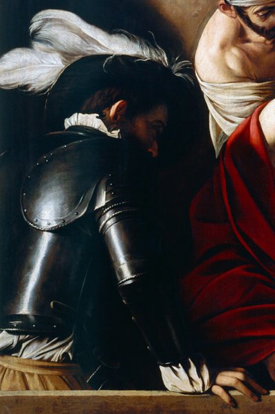 Man in panssari, The Crowning with Thorns, n. 1603 (öljy kankaalle) (yksityiskohta 507206) tekijältä Michelangelo Merisi da Caravaggio