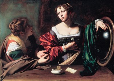 ""Martha ja Maria Magdalene"" Michelangelo Merisin maalaus, joka tunnetaan nimellä Caravaggio tai il Caravaggio (1571-1610) noin 1598 Mitat 100x134,5 cm Detroitin taideinstituutti tekijältä Michelangelo Merisi da Caravaggio