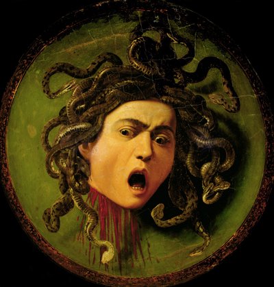 Meduusa, maalattu nahkakilpeen, n.1596-98 (öljy kankaalle kiinnitettynä puuhun) (ennen restaurointia). tekijältä Michelangelo Merisi da Caravaggio