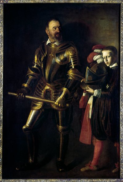 Muotokuva Alof de Wignacourtin (1547-1622) jalassa, Maltan ritarikunnan suurmestarina 1601-1622, ja hänen sivunsa Michelangelo Merisin maalaus dit Le Caravaggio ou il Caravaggio (1571-1610) 1608 Su. 1,94x1,34 m tekijältä Michelangelo Merisi da Caravaggio