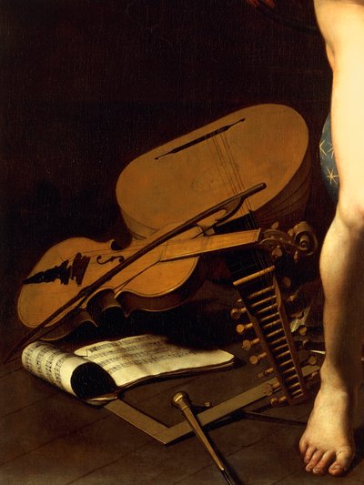 Musiikki-instrumenttien esitys, yksityiskohta Amor Victoriousista, n. 1602 (öljy kankaalle) tekijältä Michelangelo Merisi da Caravaggio