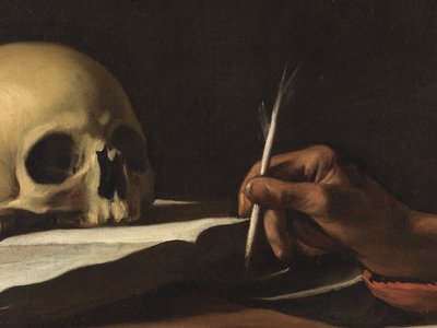 Pyhän Hieronymuksen kirjoitus, yksityiskohta höyhenestä tekijältä Michelangelo Merisi da Caravaggio