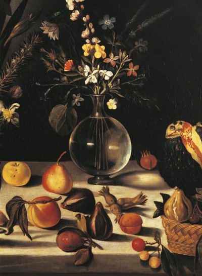 Asetelma kukilla ja hedelmillä, Master of the Hartford Still Life, n. 1600-10 (öljy kankaalle) (yksityiskohta 507174) tekijältä Michelangelo Merisi da Caravaggio