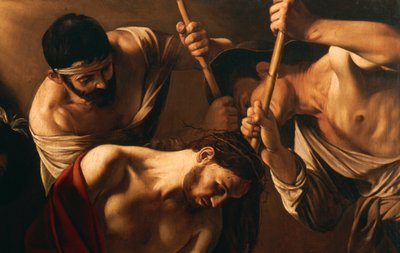 The Crowning with Thorns, n. 1603 (öljy kankaalle) (yksityiskohta 507206) tekijältä Michelangelo Merisi da Caravaggio