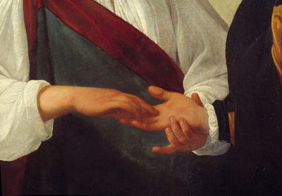 Ennustaja Yksityiskohta, joka edustaa asiakkaan kättä ojennettuna naisen kädessä, joka lukee hänen kämmenensä viivoja. Michelangelo Merisi da Caravaggio dit Le Caravaggio (n. 1571-1610) maalaus su. 0,99 x 1,31 m tekijältä Michelangelo Merisi da Caravaggio