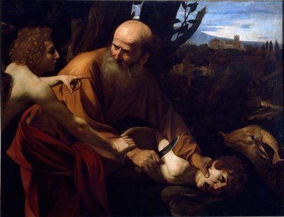 Iisakin uhri Enkeli pitää Abrahamia kädestä hänen poikansa Iisakin uhrin edessä, jonka Herra on käskenyt. Michelangelo Merisin maalaus Caravaggio tai il Caravaggio (1571-1610) 1594-1596 Dim. 104x135 cm Firenze, Galleria degli Uffizi ( tekijältä Michelangelo Merisi da Caravaggio