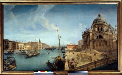 Näkymä Grand Canalin sisäänkäynnille ja Venetsian Salute-kirkolle Michele Marieschin (1710-1741) maalaus 1700-luvun su. 1,25x2,13 m tekijältä Michele Marieschi