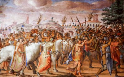 Konsuli Lucius Aemilius Pauluksen voitto Makedonian kuninkaan Perseuksesta (yksityiskohta), noin 1570 (fresko) tekijältä Michele and Rocchetti Jacopo Alberti