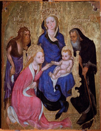 Pyhän Katariinan mystinen avioliitto pyhien Johannes Kastajan ja Anthony Egyptilaisen kanssa - Maalaus, noin 1420 tekijältä Michelino Molinari da (attr. to) Besozzo