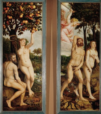 Syntiinlankeemus ja karkottaminen paratiisista Alttarin kaksi siipeä (maalaus tammipuulle) tekijältä Michiel I Coxie or Coxcie