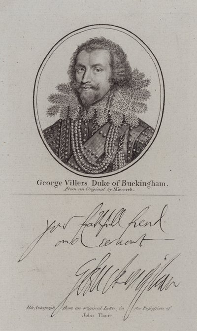 George Villiers Buckinghamin herttua, englantilainen hoviherra, poliitikko ja kuningas James I:n suosikki (kaiverrus) tekijältä Michiel Janszoon van (after) Miereveldt
