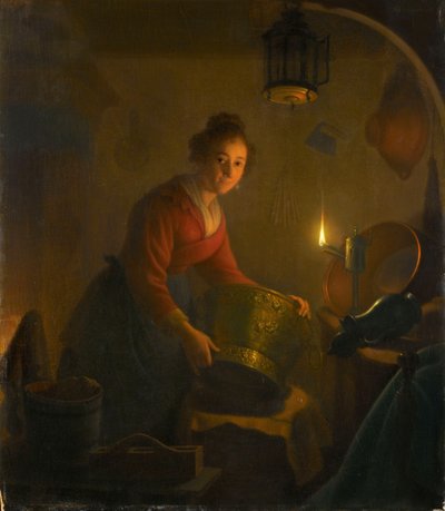 Nainen keittiössä kynttilänvalossa, n. 1830 (öljy paneelille) tekijältä Michiel Versteegh