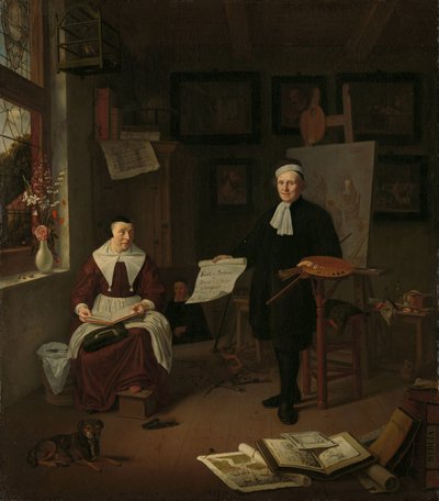Muotokuva Michiel Comansista (1614-1687), kalligrafi, etseri, taidemaalari ja koulumestari, kolmannen vaimonsa Elisabeth van der Merschen kanssa tekijältä Michiel van Musscher