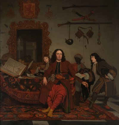 Thomas Hees ja hänen palvelijansa Thomas ja veljenpojat Jan ja Andries Hees Muotokuva Thomas Heesistä (s. 1634/35), asukas ja Algerin, Tunisin ja Tripolin hallitusten komentaja sekä hänen veljenpoikansa Jan (s. 1670/71) ja Andries (s. 1). tekijältä Michiel van Musscher