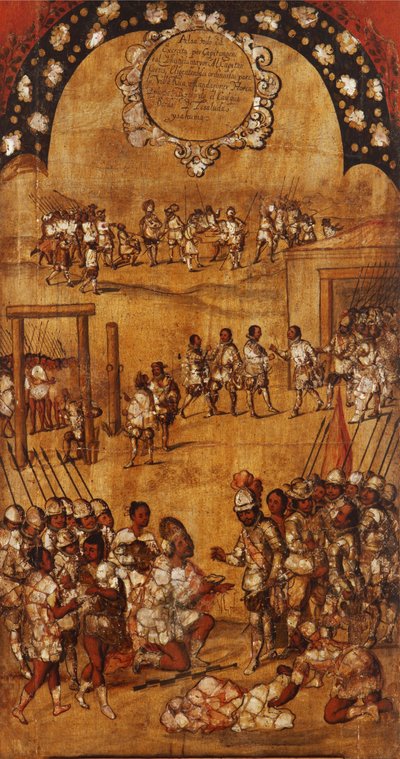 Meksikon valloitus, paneeli III, n. 1696-1715 (maali puulle) tekijältä Miguel Gonzalez