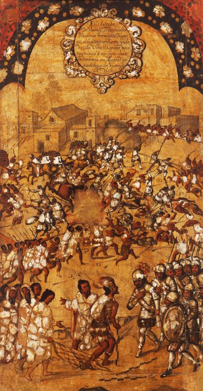 Meksikon valloitus, paneeli V, n. 1696-1715 (maali puulle) tekijältä Miguel Gonzalez