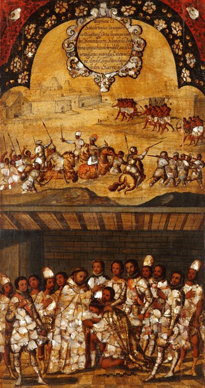 Meksikon valloitus, paneeli XIX, n. 1696-1715 (maali puulle) tekijältä Miguel Gonzalez