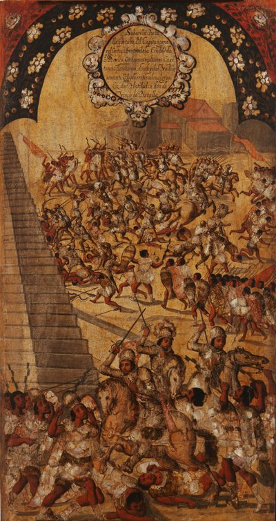 Meksikon valloitus, paneeli XVI, n. 1696-1715 (maali puulle) tekijältä Miguel Gonzalez