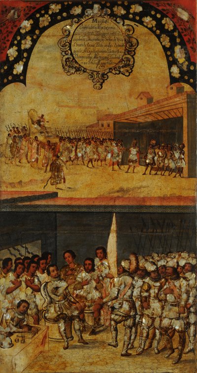 Meksikon valloitus, paneeli XV, n. 1696-1715 (maali puulle) tekijältä Miguel Gonzalez