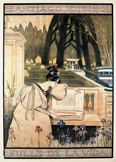 Julisteesitys Santiago Rusinol y:n (i) Pratsin (1861-1931) proosarunoja kuvaavasta litografiasarjasta "Elämän sivut" tekijältä Miguel Utrillo
