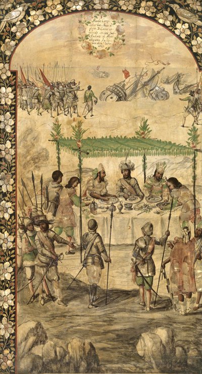 Määrää laivojen tuhoamisen ja tapaa Montezuman suurlähettiläiden (Moctezuma, Moteuczoma, Motecuhzoma) (1466-1520) kanssa vuonna 1520 - Hernan Cortes par Gonzalezin, Miguelin ja Juanin Meksikon valloitus (aktiivinen 17. s. .). Öljy puulle, koko: tekijältä Miguel and Juan Gonzalez